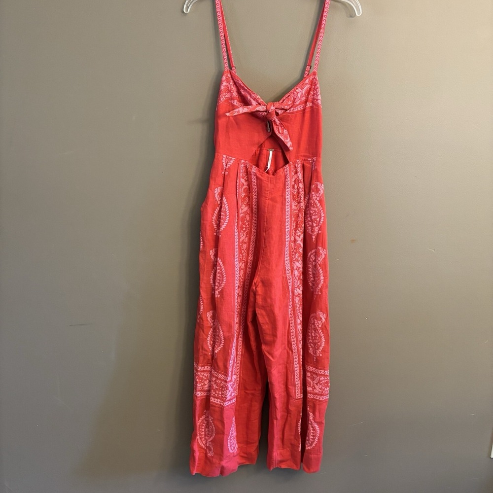NWT Free People sz 2 Tie Front Red‎ Paisley Linen Romper Jumpsuit Wide Leg $148